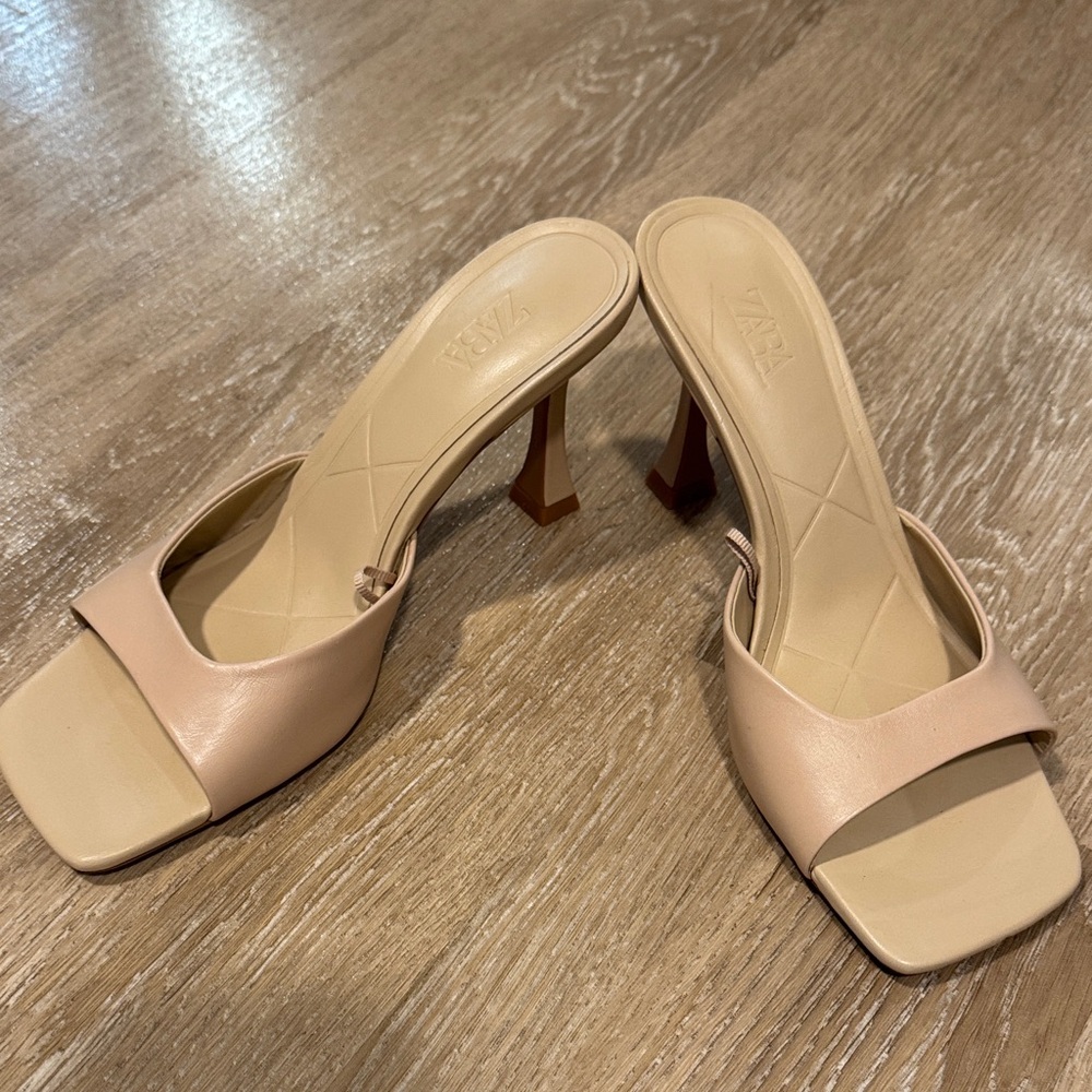 Zara Pale Pink Open-Toe Square Mule Heels 38